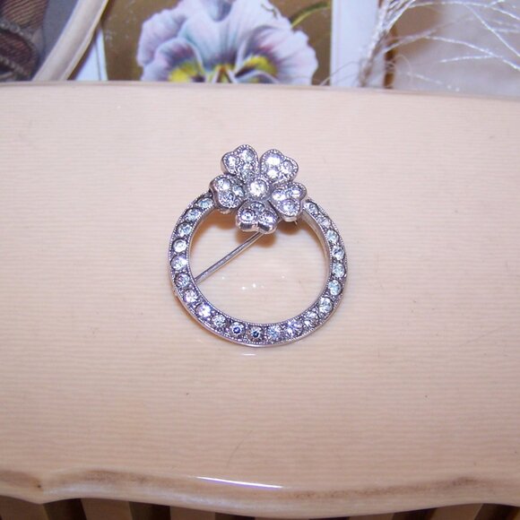 Sterling Silver Rhinestone Pin Brooch - Eternity Circle with Flower - Picture 5 of 8